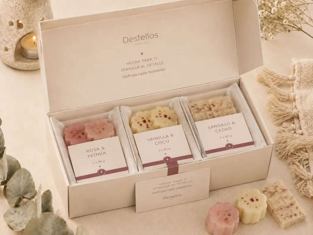 Caja de tres wax melts abierta, preparada como detalle para invitados