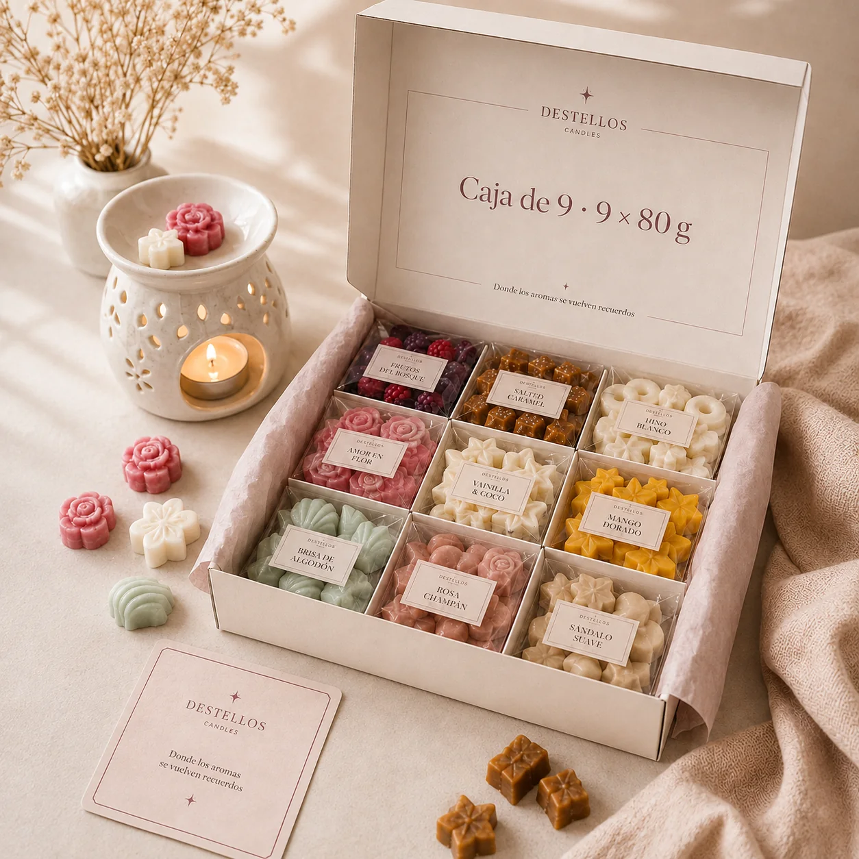 Caja de 9 wax melts, abierta con los nueve aromas